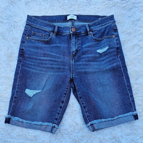 Denim Bermuda Shorts LOFT Size 6 Dark Distressed Cutoffs Cuffed Stretch EUC - Picture 1 of 5